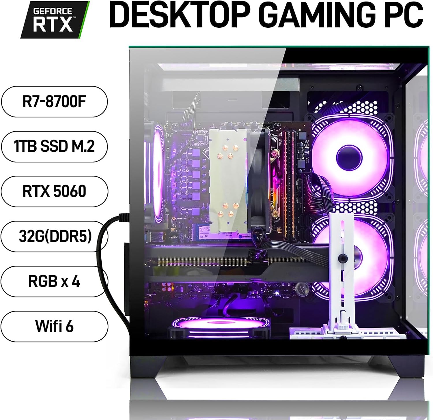 LXZ Prebuilt Gaming PC Ryzen 7 8700F, GeForce RTX 5060 (8GB), 32GB DDR5 RAM, 1TB NVMe 3.0 SSD – Desktop Computer, Tower PC for VR 4K Gamers & Creators - Image 2