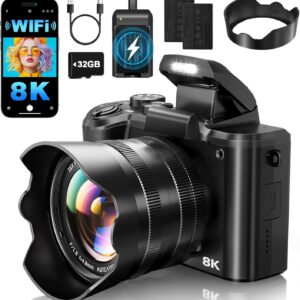 8K Digital Cameras for Photography Autofocus 88MP WiFi Professional 16X Digital Zoom Photography Camera with Dual-Lens for YouTube with Lens Hood, Touch Screen, 2 Batteries & Charging Stand