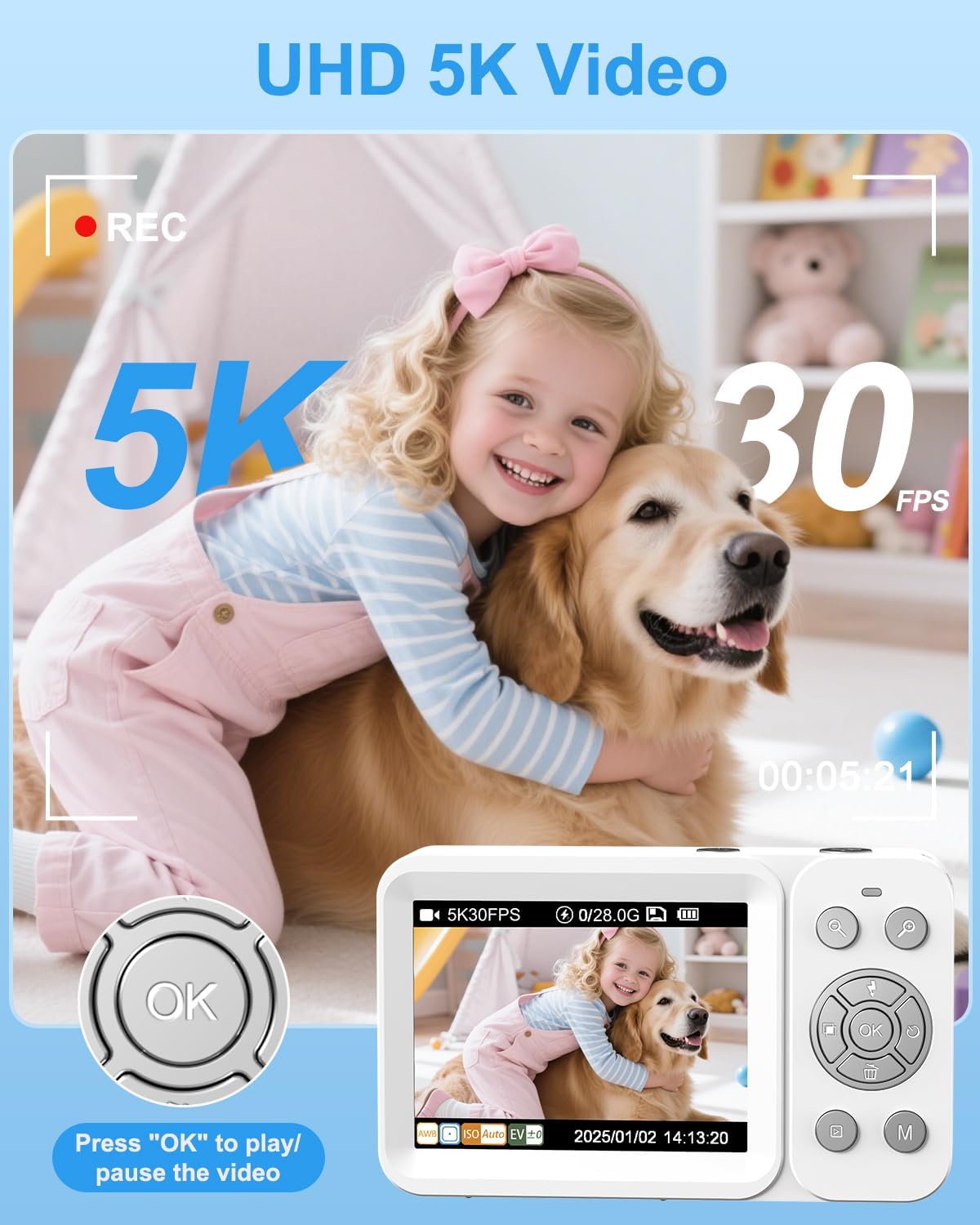 5K Digital Camera, 80MP Dual Screen Autofocus Vlogging Camera, 18X Zoom Point and Shoot Camera for Photography, Flash, 32GB Card, 2 Batteries, Compact Camera for Teens Adults (White) - Image 2