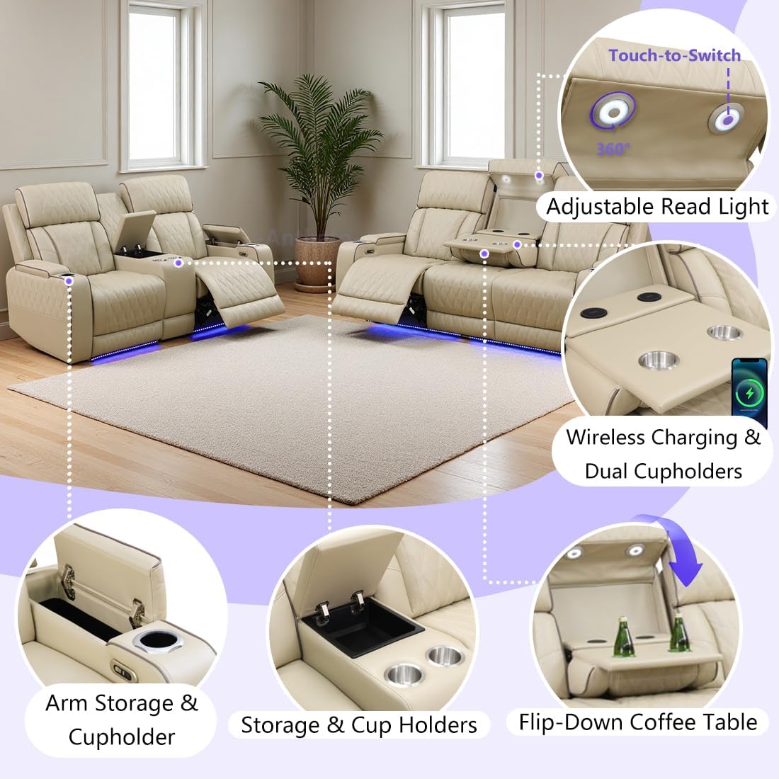 Power Recliner Sofa Set, Living Room Furniture Sets, Leather Reclining Sofa Set, Recliner Couch Loveseat and Chair with Coffee Table/Cup Holders/Charging Port for Home Theater Seat, Khaki - Image 4