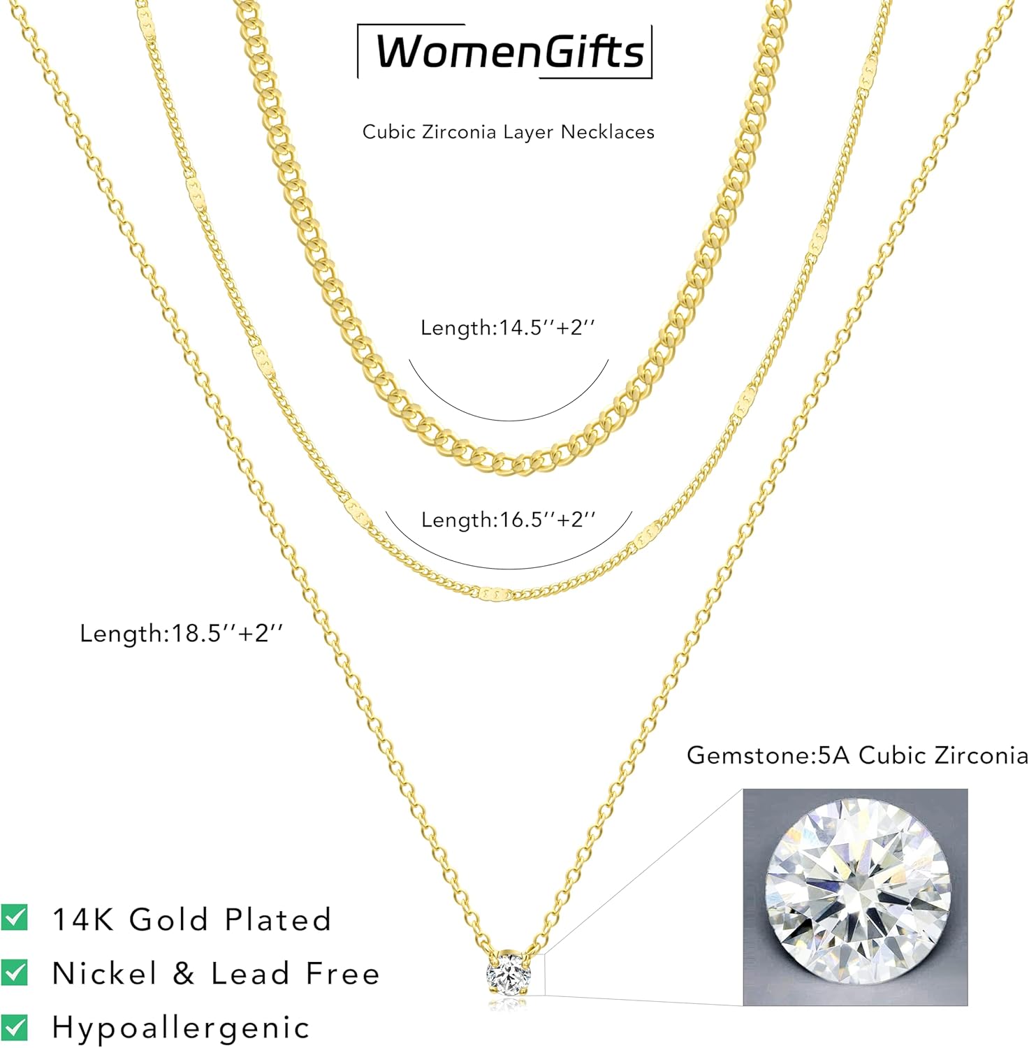 WomenGifts Layered Gold Necklaces for Women, 14K Gold Sterling Silver Plated Dainty Pendant Necklace Set with Cubic Zirconia Circle, Chunky Stackable Cuban Chain Choker, Trendy Holiday Waterproof Jewelry Gift - Image 7