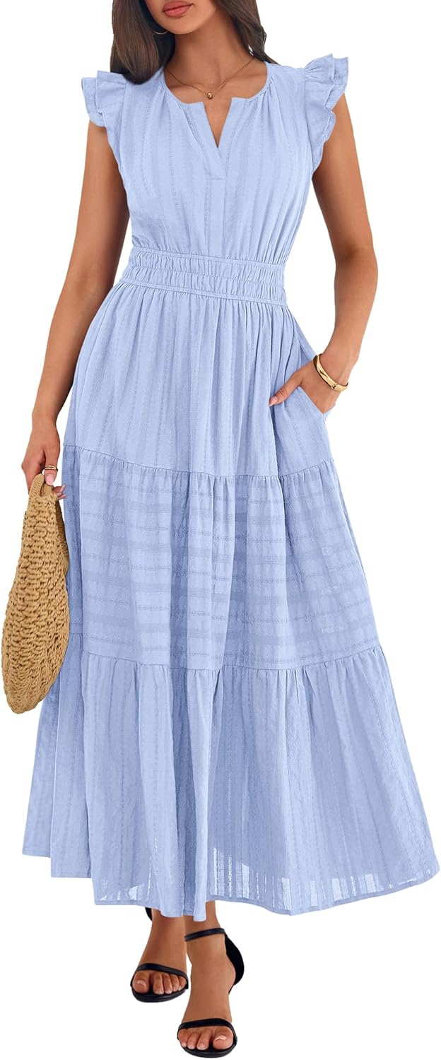 BTFBM Dresses for Women Spring 2026 Maxi Casual Dress Flutter Short Sleeve V Neck Elastic Waist Boho Beach Vacation Pockets - Image 2