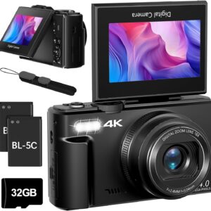 4K Digital Camera for Photography, 4K 64MP Vlogging Camera for YouTube with 3″ 180° Flip Screen, Compact WiFi Camera with 18X Digital Zoom, 32GB Micro SD Card & 2 Batteries, Black