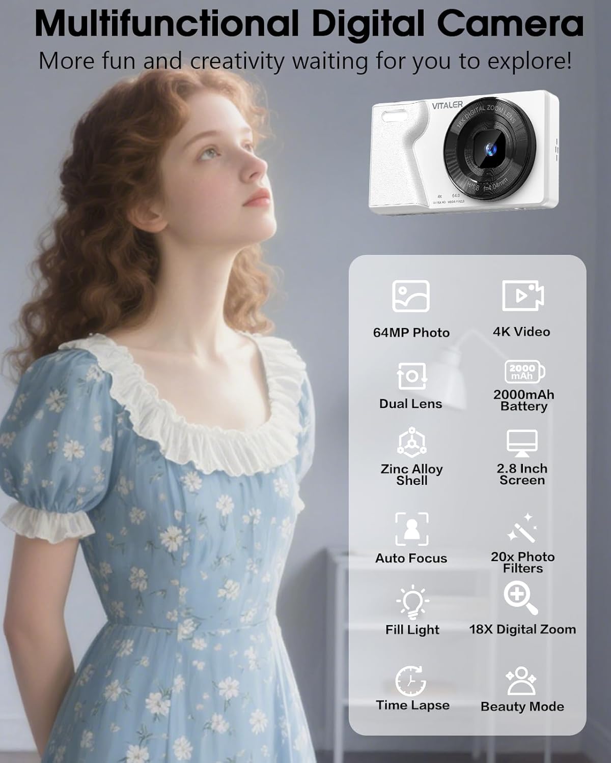 Digital Camera with Front Rear Lens, Autofocus 64MP 4K Camera for Photography with 32GB Card, Portable Compact Point and Shoot Camera for Teens Adult Beginner with Metal Shell, 2000mAh Battery - Image 5