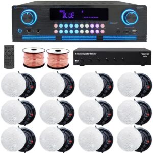 Vaiyer Home Theater Sound System Kit – 2000 W Bluetooth Amplifier w/ 12 Qty of 5.25″ Frameless Ceiling Speakers 175 W Each, 6-Ch Speaker Selector, 500 ft Speaker Wire & Remote for Home, Restaurant