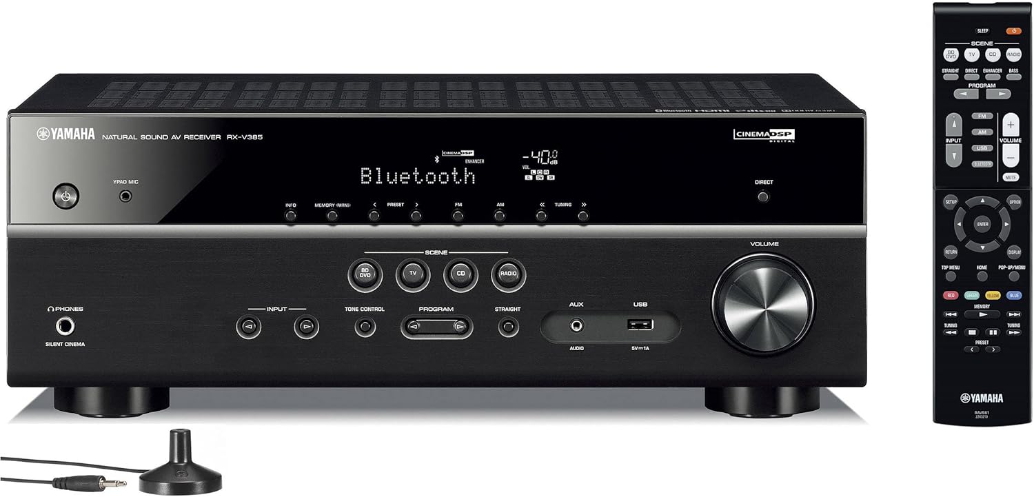 Yamaha RX-V385 5.1-Channel Surround Sound 4K Ultra HD AV Receiver with Bluetooth Home Theater System Bundle with Accessories - Image 2