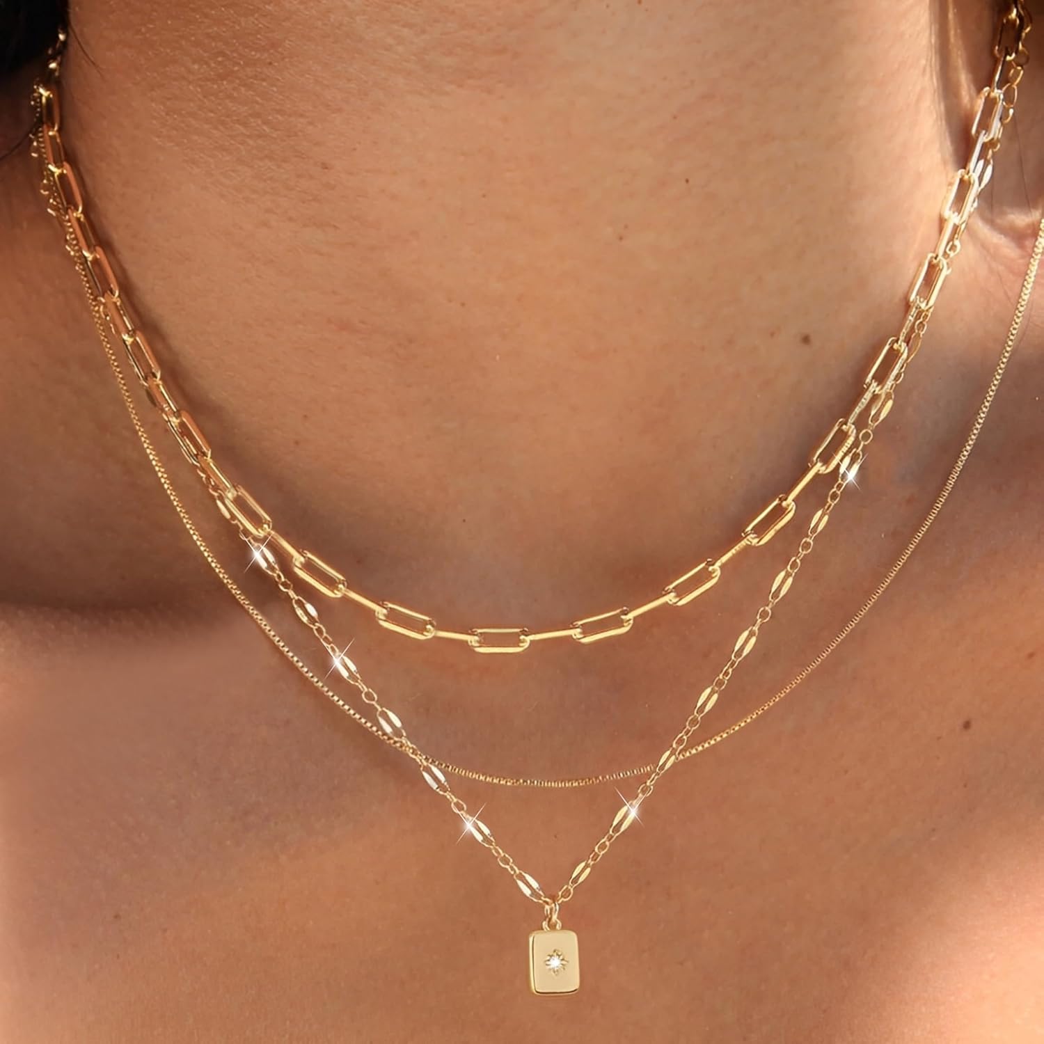 YEEZII Layered Gold Necklaces for Women Trendy, 3 Pcs 14K Gold Plated Choker Paperclip Box Chain Necklace, Stackable Women's Gold Pendant Necklaces Jewelry Set - Image 2