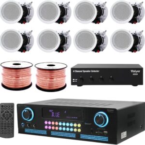 Home Theater System Kit – 2000 W Bluetooth Amplifier w/ 8 Qty of 6.5″ Framed Ceiling Speakers 200 W Each, 4-Ch Speaker Selector, 500 ft Speaker Wire & Remote for Home, Office, Bar – Vaiyer