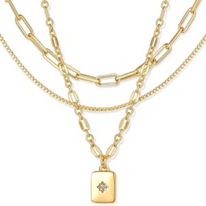 YEEZII Layered Gold Necklaces for Women Trendy, 3 Pcs 14K Gold Plated Choker Paperclip Box Chain Necklace, Stackable Women’s Gold Pendant Necklaces Jewelry Set