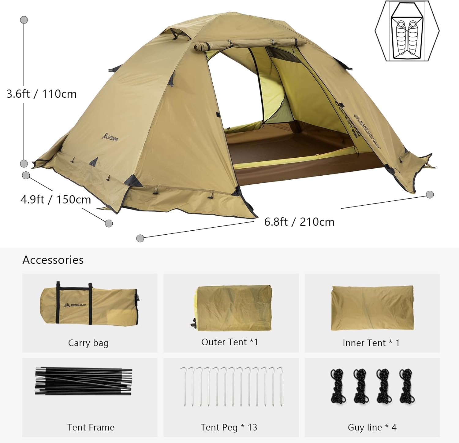 BISINNA 4 Season Tent for Backpacking Winter Tents 2 Person Lightweight Cold Weather Tents Waterproof Double Layer All Season Tent Aluminum Alloy Poles Easy Set Up for Camping, Hiking, Outdoor - Image 2