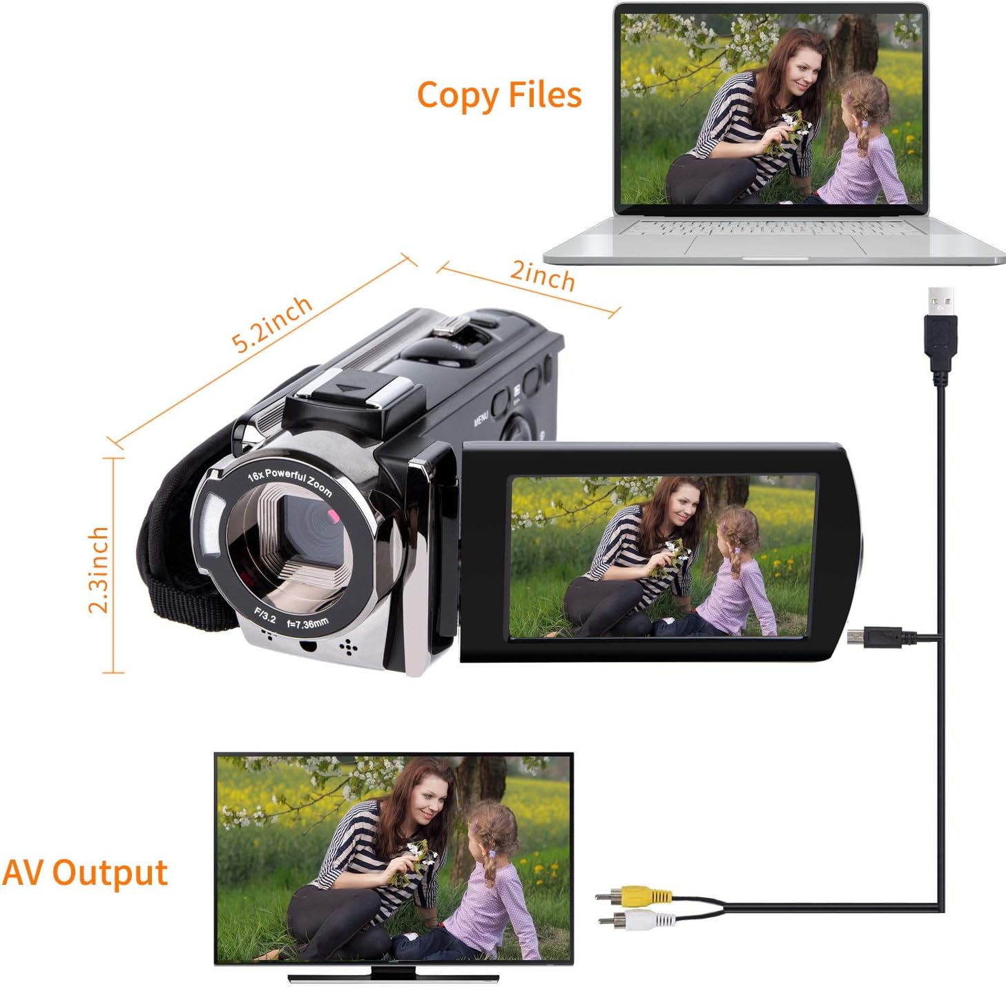 Video Camera Camcorder Digital Camera Recorder Full HD 1080P 15FPS 24MP 3.0 Inch 270 Degree Rotation LCD 16X Zoom Camcorder with 2 Batteries(604s) - Image 4