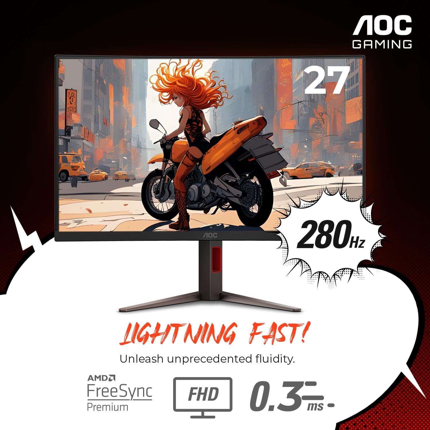 AOC C27G4ZH 27" Curved Frameless Ultra-Fast Gaming Monitor, FHD 1080p, 0.3ms HDMI 240Hz/DP 280Hz, 1500R, AMD FreeSync, HDR, Height Adjustable, 3-Year Zero Dead Pixel Guarantee - Image 2