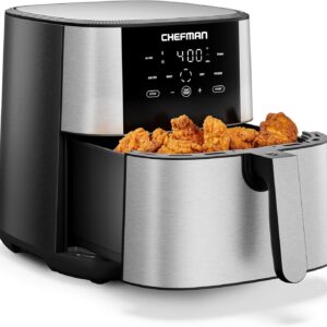 Chefman Air Fryer 8 Qt | TurboFry® 4-in-1 with 450°F Hi-Fry Option for Crispier Results | Air Fry, Bake, Dehydrate, Frozen | XL Nonstick Dishwasher-Safe Basket | Stainless Steel