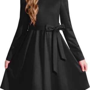 Arshiner Girls Dresses Puff Long Sleeve Fall Winter Formal Party Belted Dress with Pockets 6-14Y