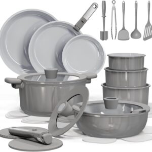 CAROTE 27pcs Ceramic Cookware Set Nonstick, Pots and Pans Set Non Stick, Non Toxic Cookware Detachable Handles, Dishwasher/Oven Safe, RV/Camping Cookware, Pan and Pot with Kitchen Utensils, Dark Gray