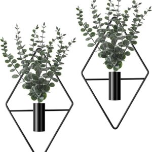 Jexine 4 Pcs Hanging Planters with Artificial Eucalyptus Metal Hanging Vase Indoor Plants Holder Modern Geometric Boho Bathroom Wall Decor for Living Room Home Office(Black)