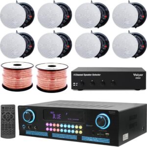 Home Theater System Kit – 2000 W Bluetooth Amplifier w/ 8 Qty of 5.25″ Frameless Ceiling Speakers 175 W Each, 4-Ch Speaker Selector, 500 ft Speaker Wire & Remote for Home, Office, Bar – Vaiyer