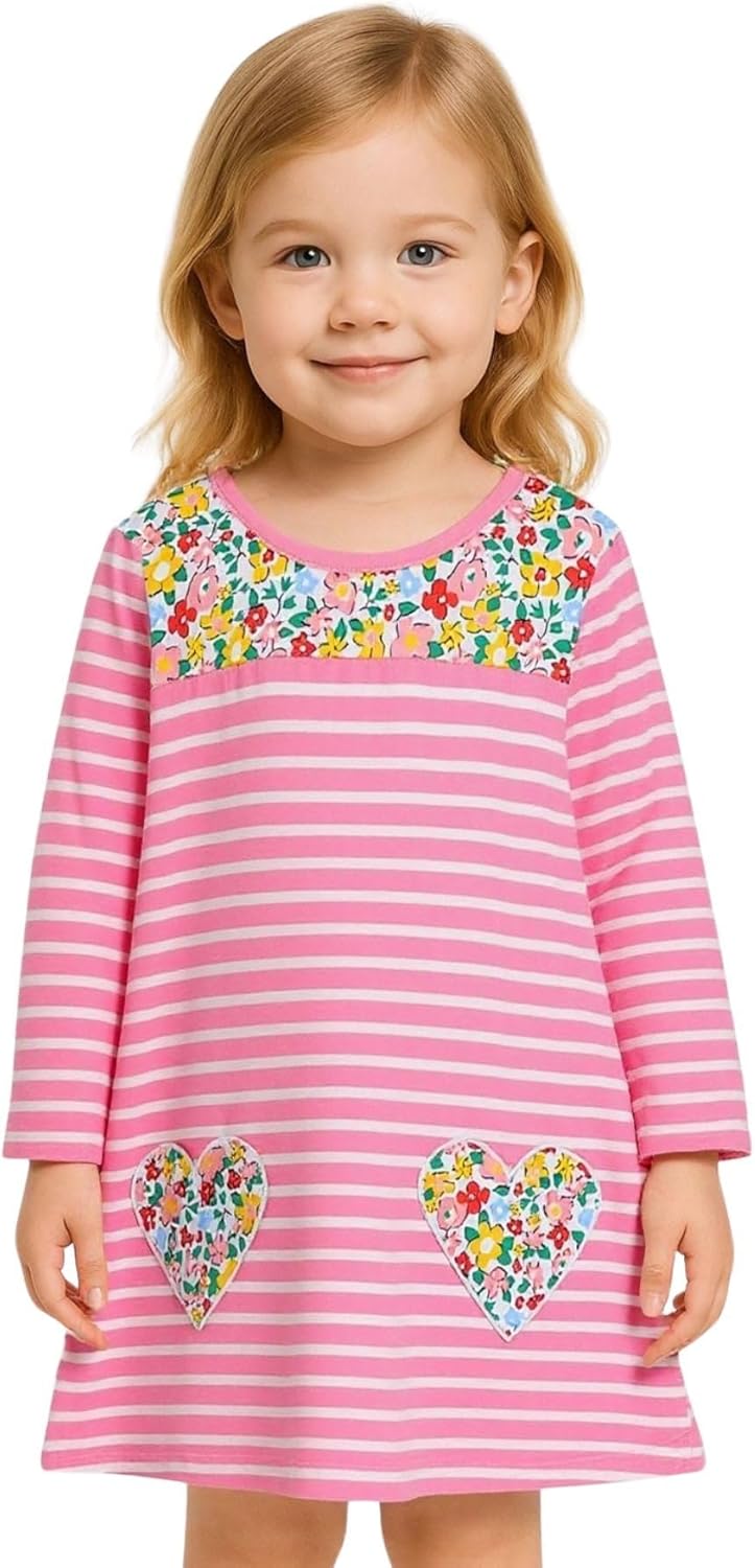 HILEELANG Toddler Girl Long Sleeve Dress Stripe Rainbow Christmas Cotton Casual Tunic Playwear Basic Shirt Party Dresses - Image 2