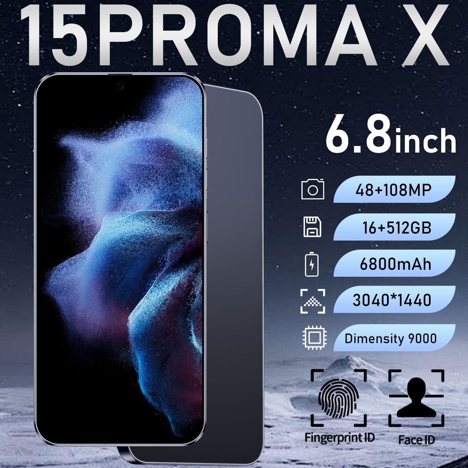 15ProMax 5G Unlocked Smartphone,16GB+512GB Fully Cell Phone for Android 14, 6.8" Unlocked Cell Phone, 6800mAh, 48MP+108MP Dual Camera/Dual SIM/Fingerprint Lock/Face (Dark Blue) - Image 3