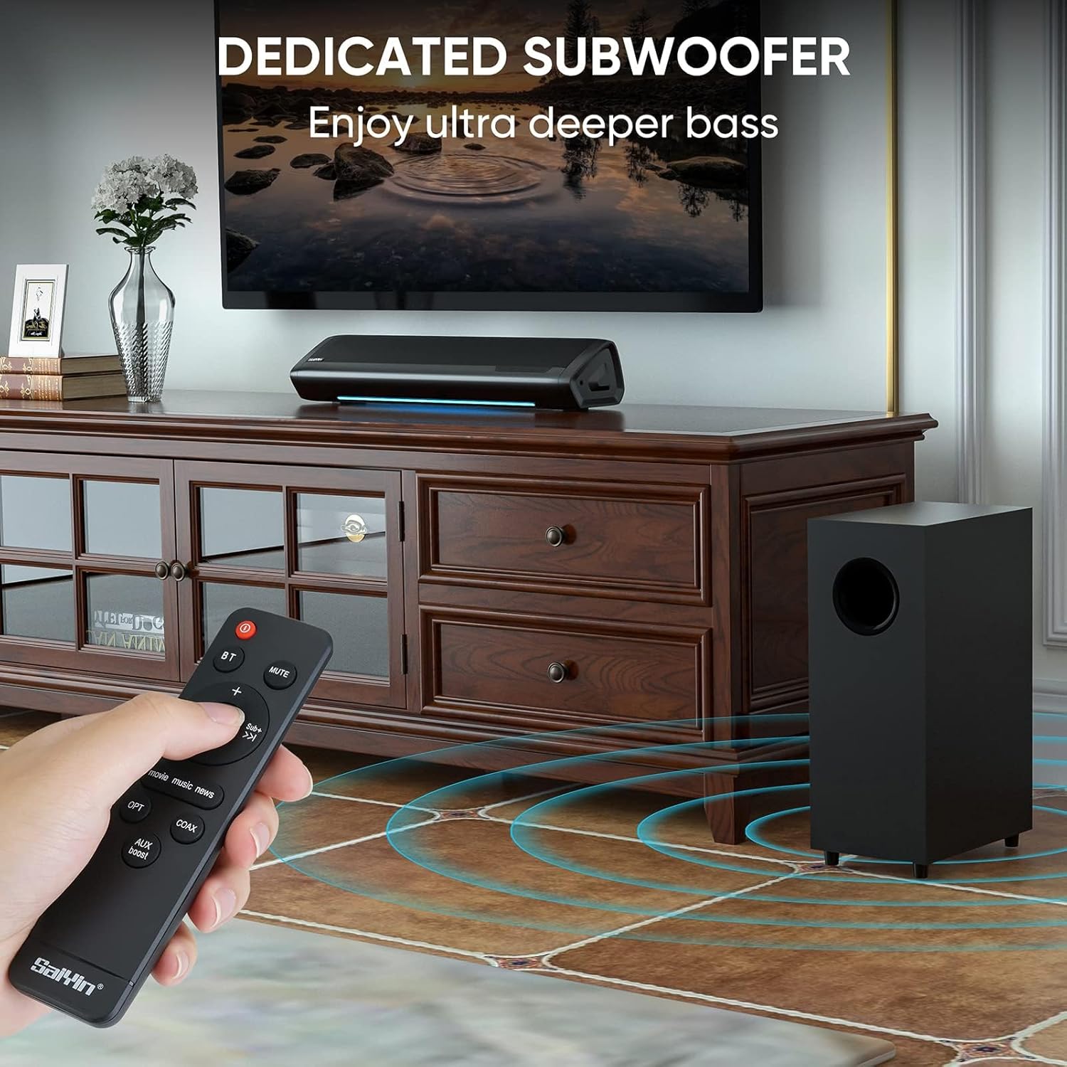 Saiyin Sound Bars for TV with Subwoofer, 2.1 Deep Bass Small Soundbar Monitor Speaker Home Theater Surround System PC Gaming Bluetooth/AUX/Optical Connection, Wall Mountable 17-inch - Image 2