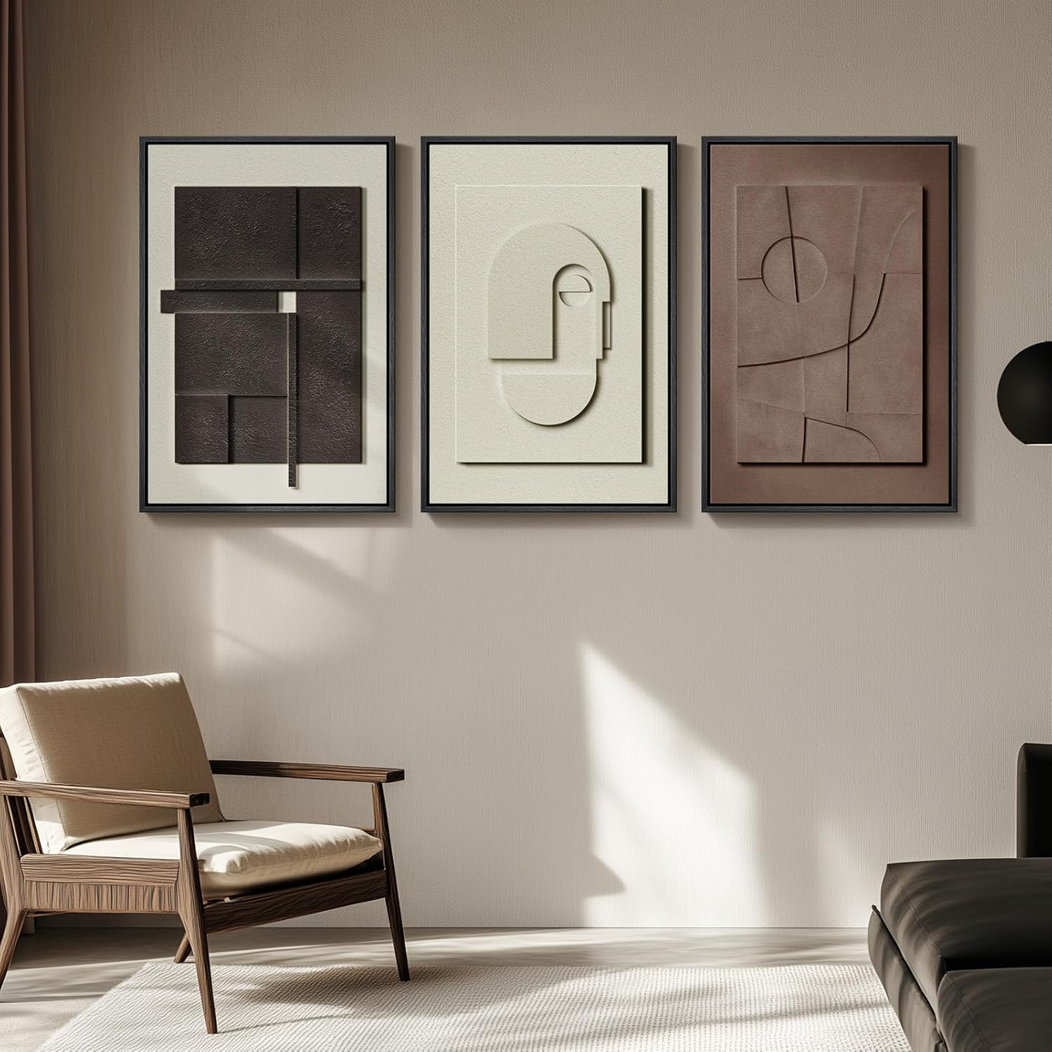 Large 3D Textured Framed Abstract Wall Art for Living Room, 3 Piece Modern Paintings Artwork for Walls, Black White Brown Geometric Sandstone Texture Pictures for Hallway Office Home Decor 24x36 In - Image 7