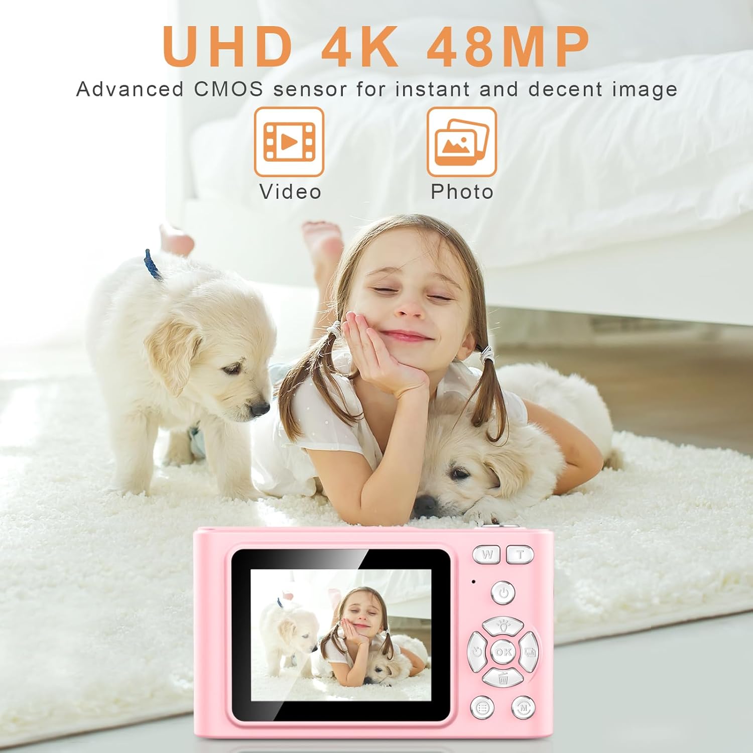 Digital Camera, Camera for Kids, UHD 4K 48MP Point and Shoot Digital Cameras with 64GB SD Card and 16X Digital Zoom Anti Shake, Compact Portable Small Gift for Boys Girls Students, Pink - Image 2