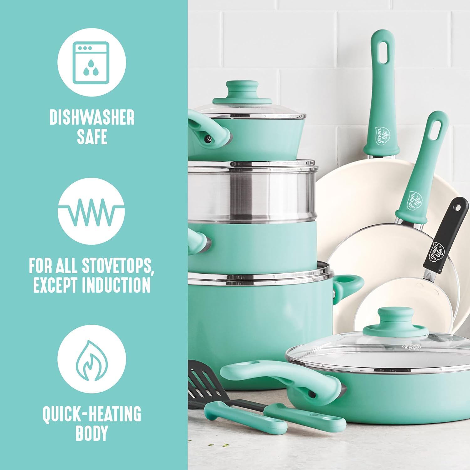 GreenLife Soft Grip 16 Piece Cookware Set, Non-Toxic PFAS-Free Ceramic Nonstick, Pots, Frying, Sauce, Saute, Glass Lids, Stay-Cool Handles, Wobble Free Bases, Dishwasher & Oven Safe, Turquoise - Image 5