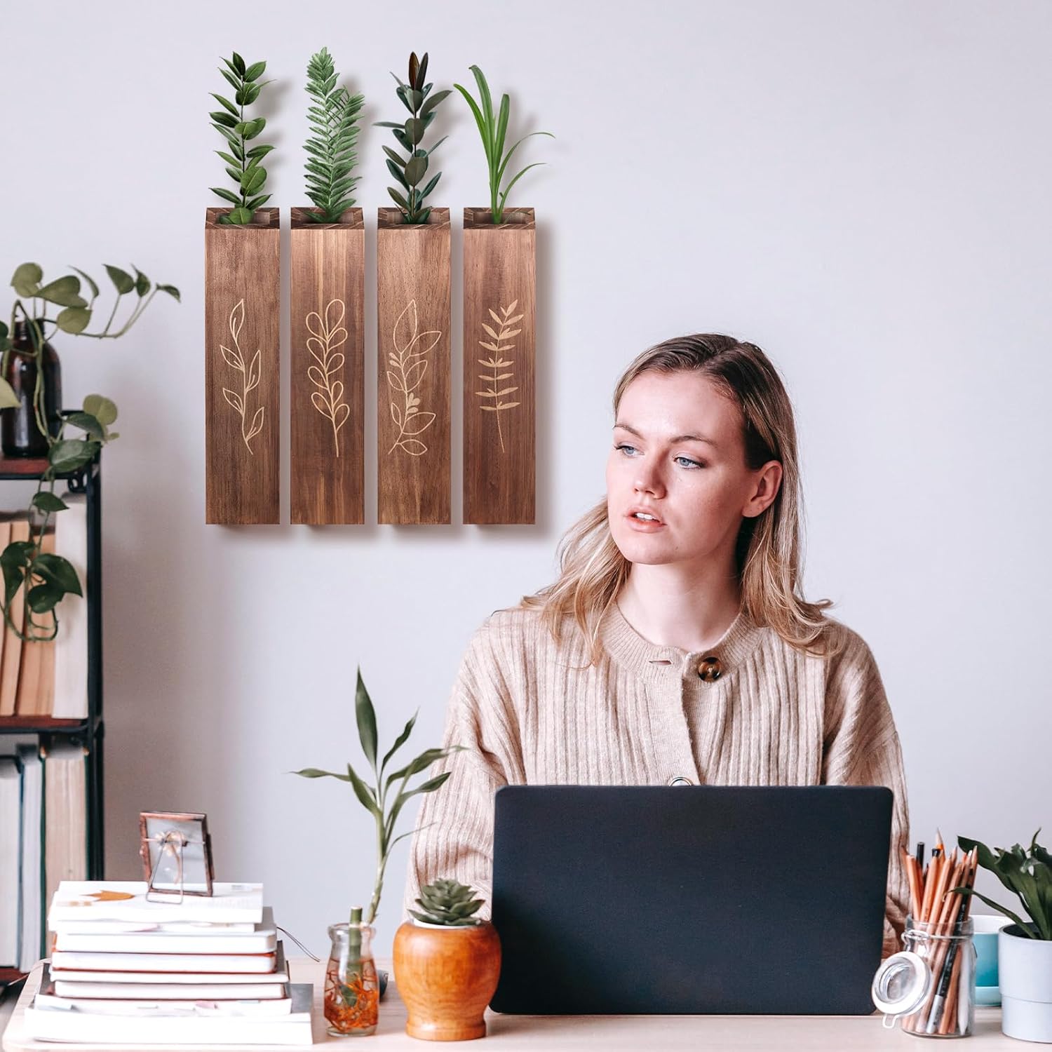 4 Pack Wood Indoor Wall Planter, Modern Boho Wall Decor for Living Room Bedroom, Farmhouse Pocket Vases for Dried Flowers and Faux Greenery Plants - Brown - Image 3