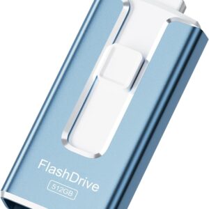 MFi Certified 512GB Flash Drive for iPhone, 3 in 1 Type-C USB Memory Stick Thumb Drive for Photos Videos, High Speed External Memory Storage Photo Stick for iPhone iPad Android PC (Sky Blue)