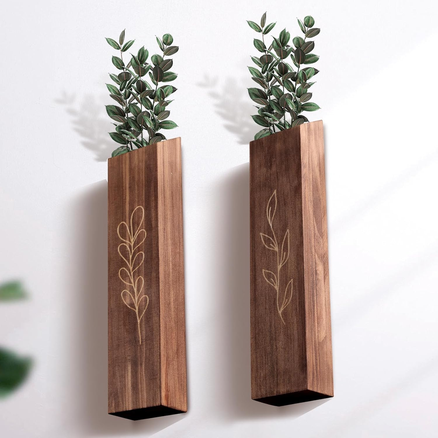 4 Pack Wood Indoor Wall Planter, Modern Boho Wall Decor for Living Room Bedroom, Farmhouse Pocket Vases for Dried Flowers and Faux Greenery Plants - Brown - Image 7