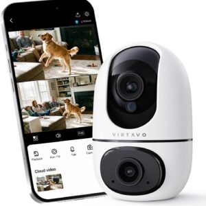 virtavo XD1 Indoor Security WiFi Camera, No Subscription Required, Dual-Lens 360° PTZ Baby Monitor & Pet Cam, Motion Tracking, 2-Way Audio, Night Vision, Cloud/SD Storage, Phone App, Plug-in Power