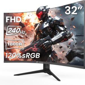 CRUA 32″ Curved Gaming Monitor, 240Hz Full HD 1920×1080P VA Panel, 1800R Ultra-Wide Screen, 120% sRGB Color, AMD FreeSync, Low Blue Light, HDMI 2.0 & DP 1.4 Ports, Wall Mountable Installs-Black