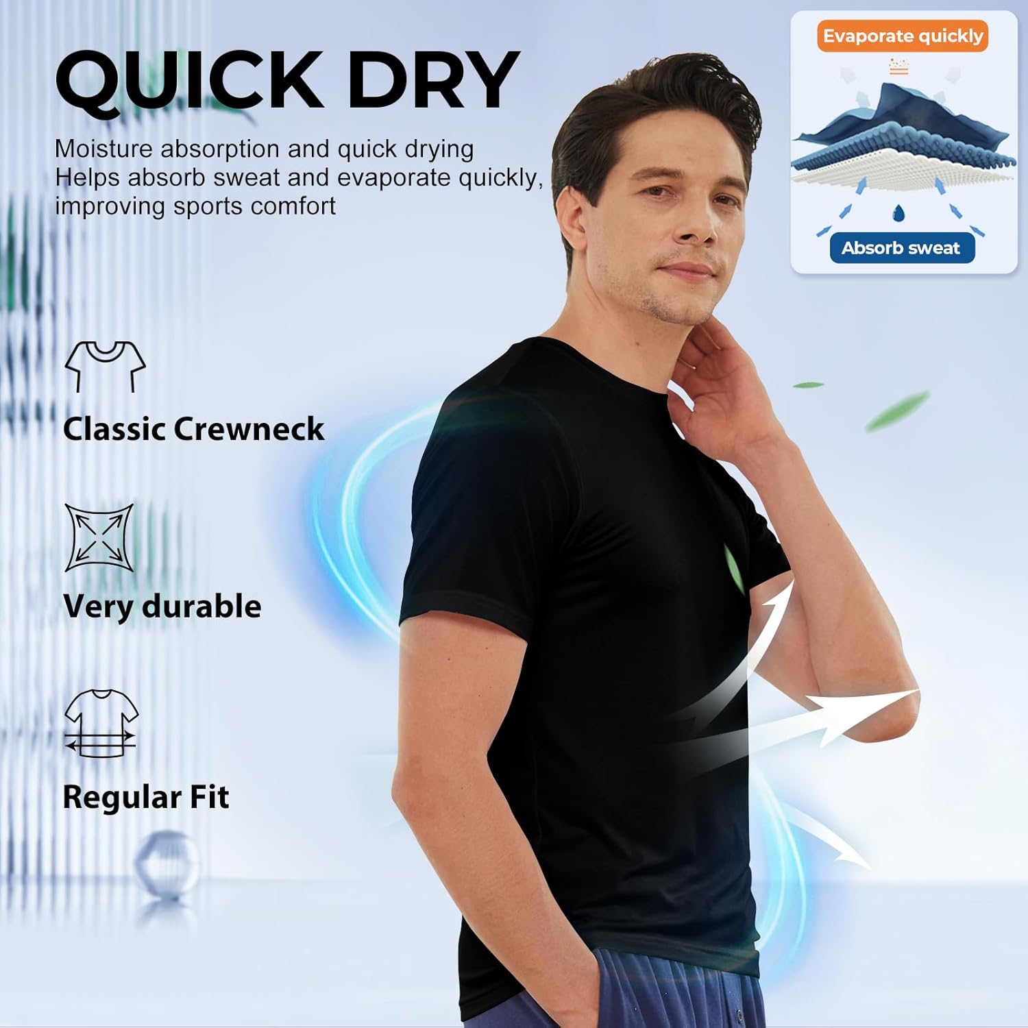 BAMBOO COOL Men's Undershirts Moisture-Wicking Crewneck T Shirts, Breathable Stretch Soft Tees for Men, 3 or 6 Pack - Image 3