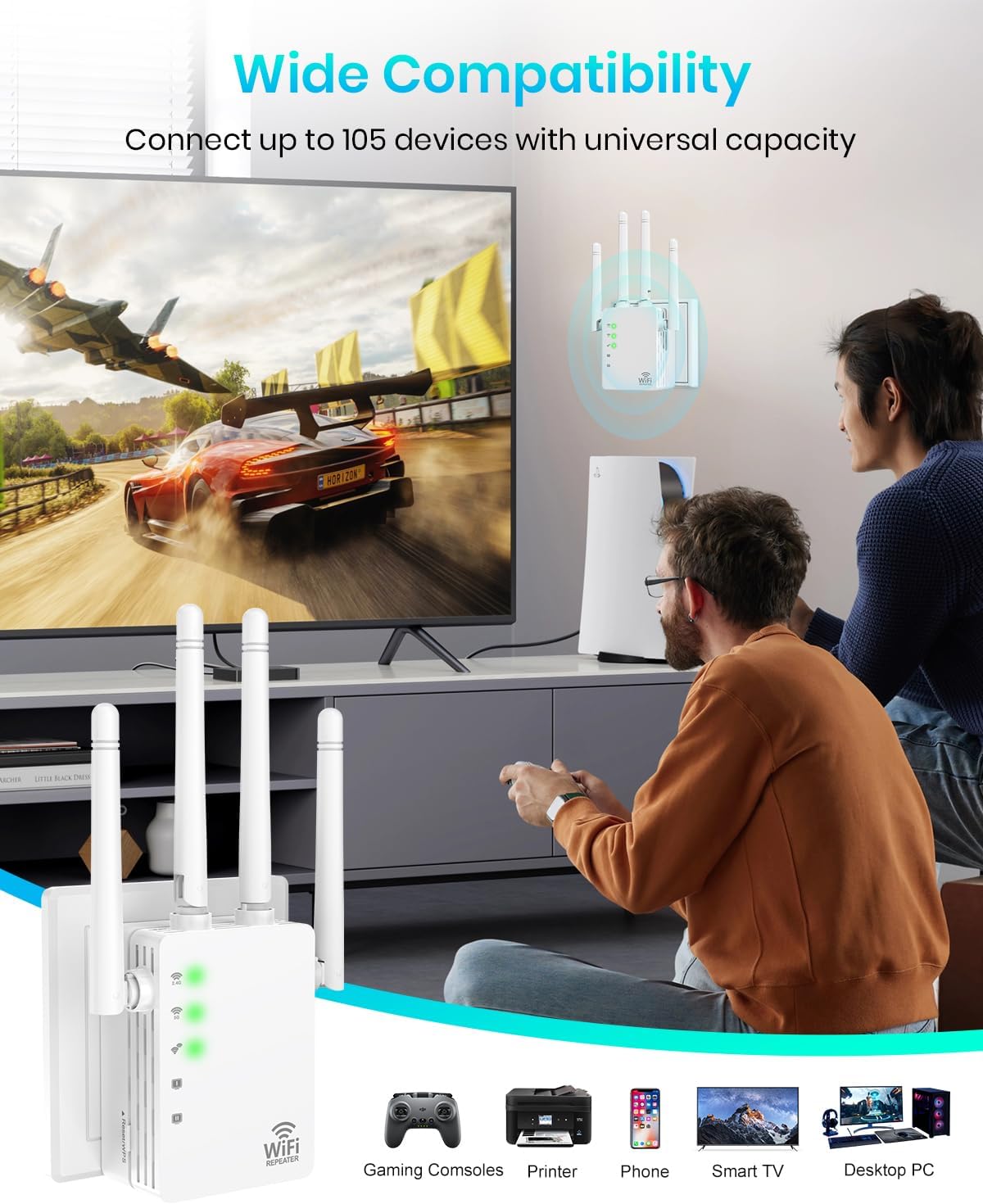 WiFi Extender, WiFi Extender Signal Booster Dual-Band(5.8G&2.4G) Wireless Repeater Coverage to 12880 sq. ft & 105 Devices, 1-Tap Setup, Supports Ethernet Port, Faster Speed - Image 7