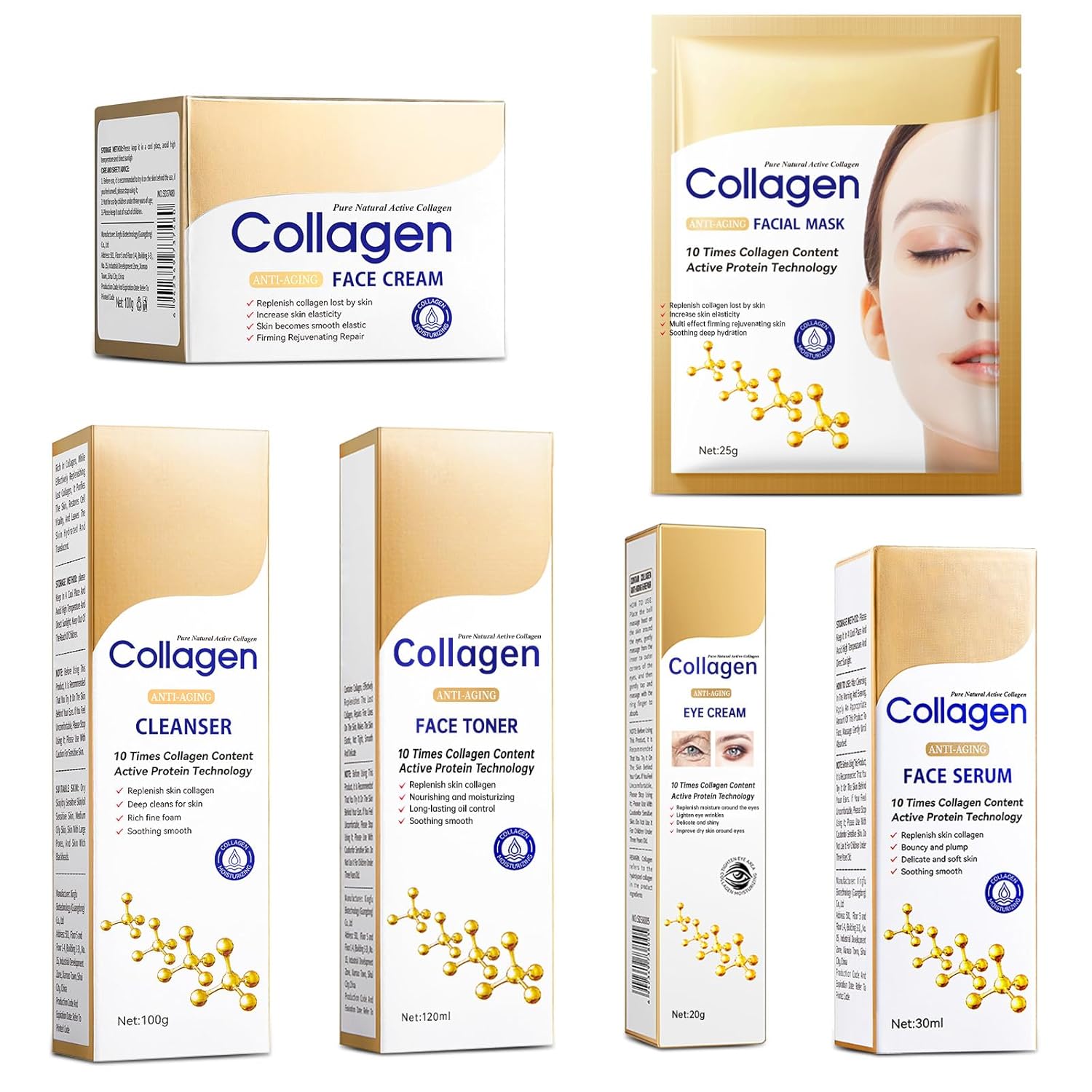 Collagen Skin Care Set, Anti Aging Skincare Set for Wrinkles & Fine Lines, Shrink Pores, Hydrate & Firm Skin, 7 Pcs Skincare Kits for Women with Cleanser, Toner, Serum, Cream, Eye Cream, 2 Pcs Masks. - Image 8