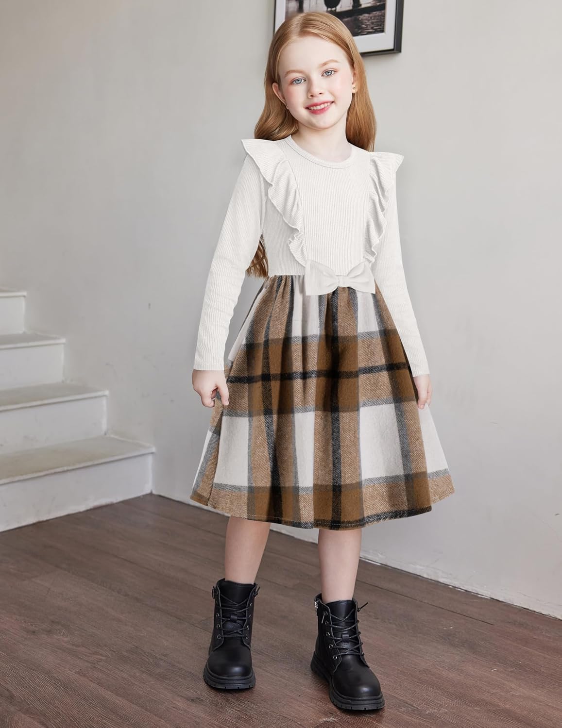 Arshiner Girls Fall Winter Dress Plaid Ribbed Ruffles Long Sleeve Dresses Cute Bowknot Little Girls Clothes 2-6 Years - Image 3