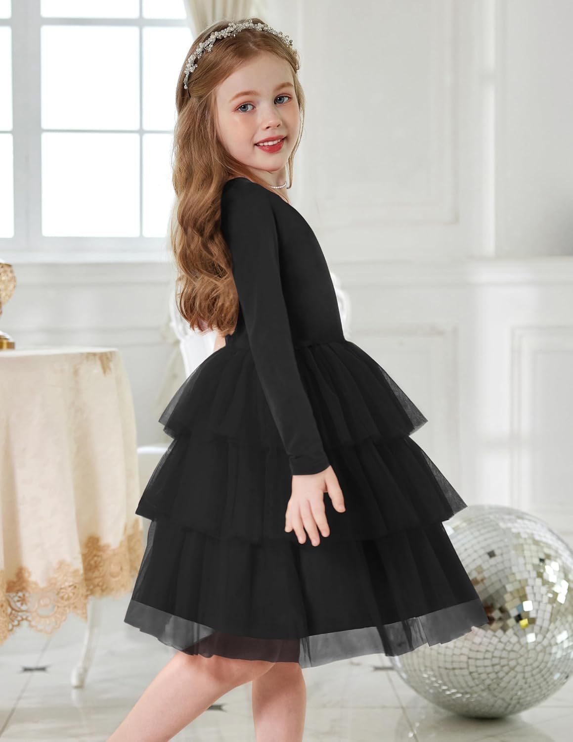Arshiner Toddler Tutu Dress Girls Long Sleeve Fall Winter Tiered Formal Party Tulle Dresses for Kids 2-6Y - Image 3