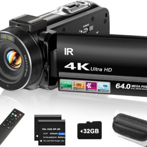 4K Video Camera Camcorder UHD 64MP Vlogging Camera for YouTube 18x Digital Zoom 3″ 270° Rotation IPS Touchscreen Video Camcorder with Night Vision, Remote Control, 32GB Card, 2 Batteries