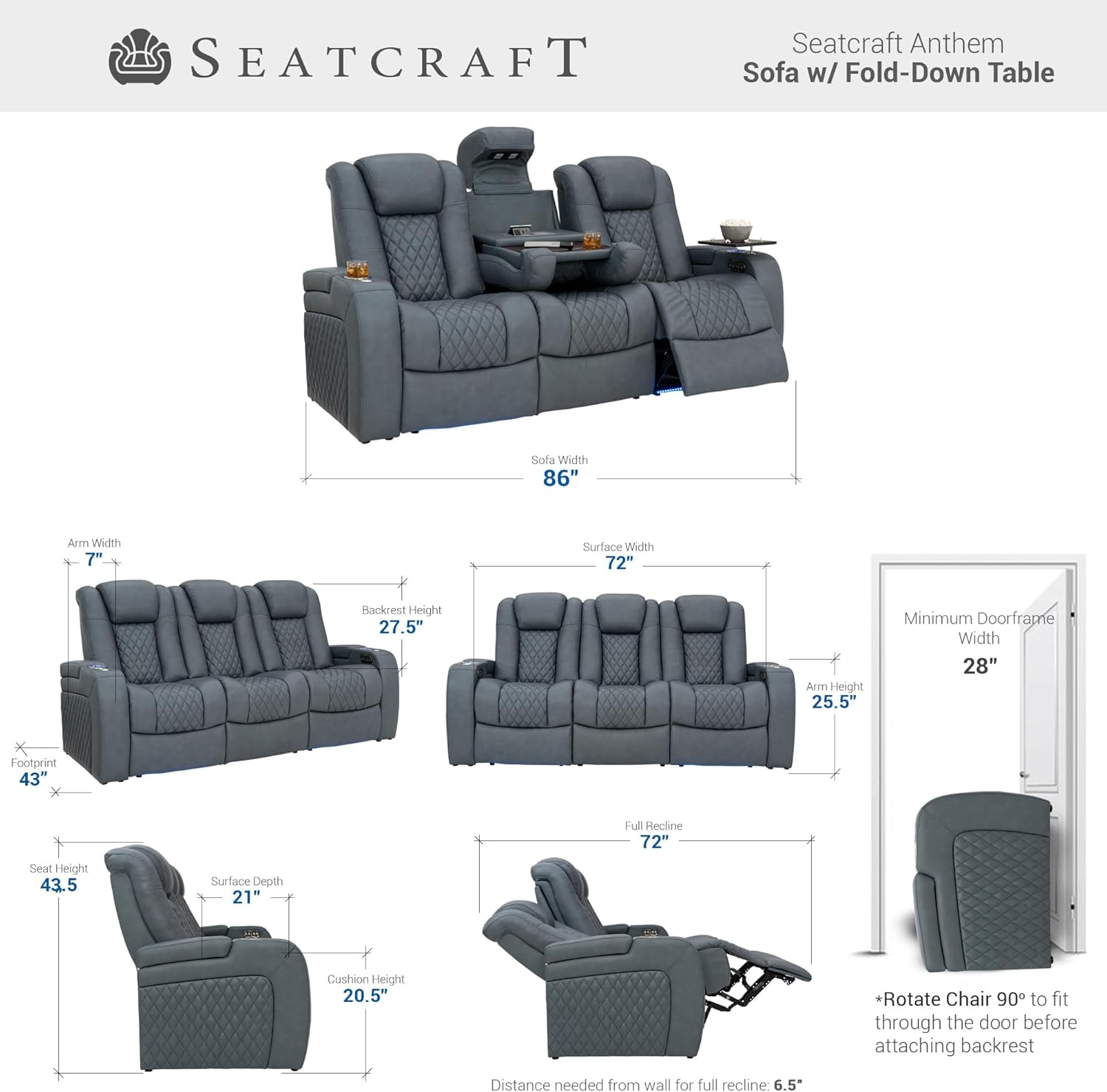 Seatcraft Anthem Italian Leather Sofa w/Fold-Down Table, Living Room, Power Headrest, Power Recline, Smokey Blue - Image 2