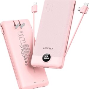 VEGER Portable Charger with Built-in AC Plug and Cables, All in One 10000mAh Ultra Slim Power Bank Travel Essentials, 15W Fast Charging Battery Pack Compatible with iPhone, Samsung, Android (Crepe)