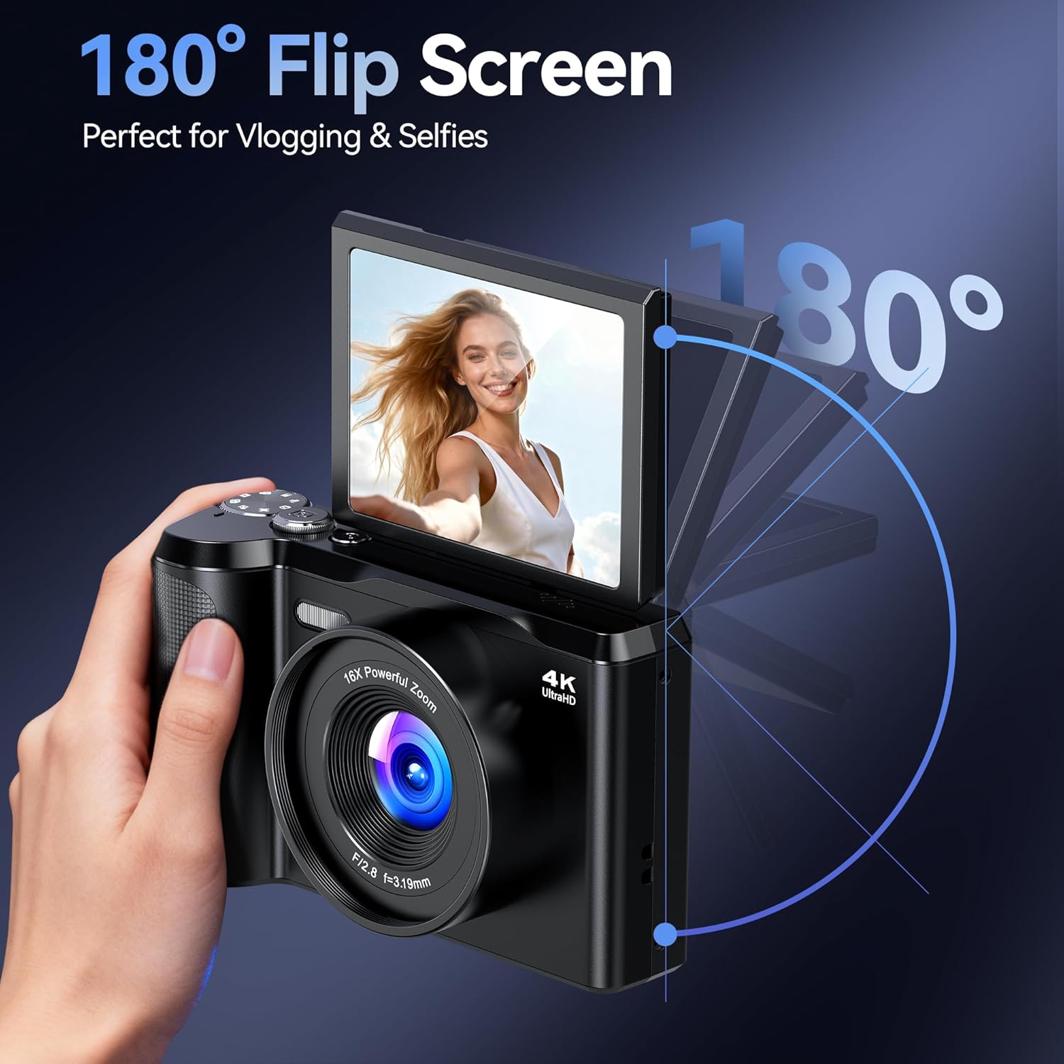Digital Camera 4K for Photography Vlogging: 56MP Cameras with Mode Dial for Video - 16X Zoom Photo Camera Gifts for Teens Ages 8-16 - 180°Flip Screen Compact Cámara - Point and Shoot Digital Cameras - Image 4