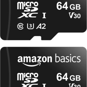 Amazon Basics MicroSDXC UHS-I Class 10 Memory Card with Full Size Adapter, A2, U3, V30, 4K, Read Speed up to 100 MB/s, 64 GB (2pack), for GoPro Cameras Storage, Black
