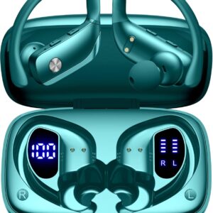 bmani Ear Buds Wireless Earbuds Bluetooth Headphones with 80H Playtime LED Display Case, Over-Ear Hook with Mic, Stereo Sound, Easy Button Controls, Sports Earphones for Running Workout Gym Green