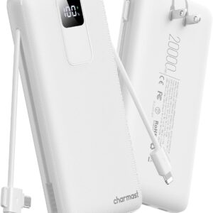 charmast 20000mAh Portable Charger with Built-in Cables & Wall Plug, 20W USB C Power Bank, Fast Charging Battery Pack Travel Essentials Compatible with iPhone 16/15/14 Series, Samsung, Google, iPad