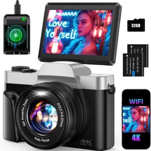 4K Digital Camera for Photography 64MP WiFi Vlogging Camera for YouTube Autofocus 3″ 180° Flip Screen 16X Zoom Compact Travel Cameras with Anti-Shake, SD Card, 2 Batteries & Battery Charger