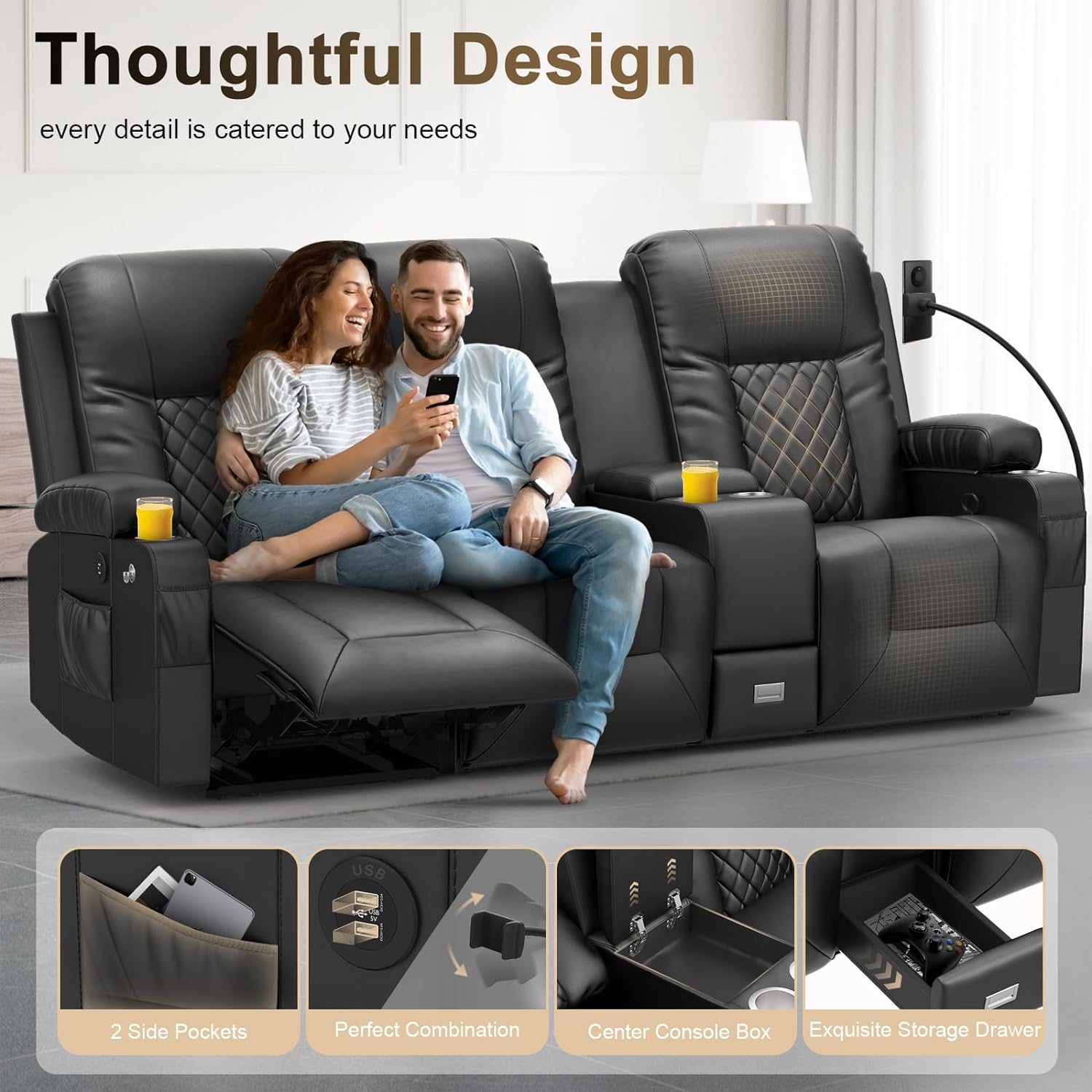 YONISEE 3 Seat Recliner Sofa, Large Reclining Sofa with Storage Console, Manual Reclining Chair with USB Ports, 2 Cell Phone Holder, 3 Seater Loveseat Recliner Couch for Living Room - Image 3