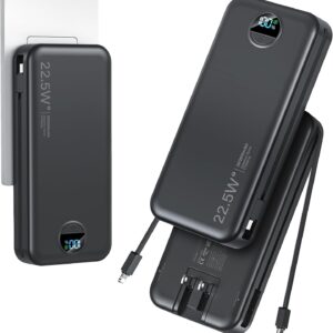 20000mAh Ultra-Portable-Charger-Power-Bank PD20W with Built in Cables&AC Wall Plug,Fast Charging Cell Phone Charger Battery Pack,LED Display Travel Battery Bank for All iPhone,Samsung,Android