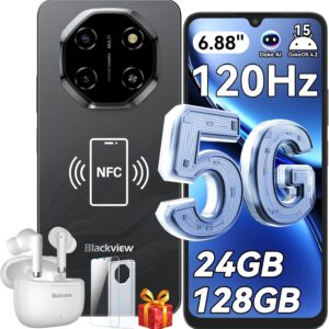Blackview Shark 6 Unlocked Android Phones 5G (2025), Android 15 Cell Phone Unlocked, 6.88″ 120Hz Display, 24GB+128GB/2TB, 16MP+8MP AI Camera, 5000mAh/18W,Fingerprint/Face ID,Dual SIM/GPS/OTG/NFC,Black
