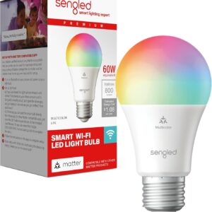 Sengled Matter LED Smart Light Bulb (A19), Multicolor, Compatible with Alexa, 60W Equivalent, 800LM, Instant Pairing, 1-Pack