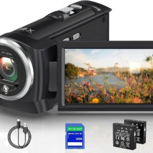 2.7K Video Camera Camcorder 16X Digital Zoom QHD 50MP YouTube Vlogging Camera Webcam 270 Degree Rotation Screen Camcorders with 32G SD Card and 2 Batteries Recording While Charging